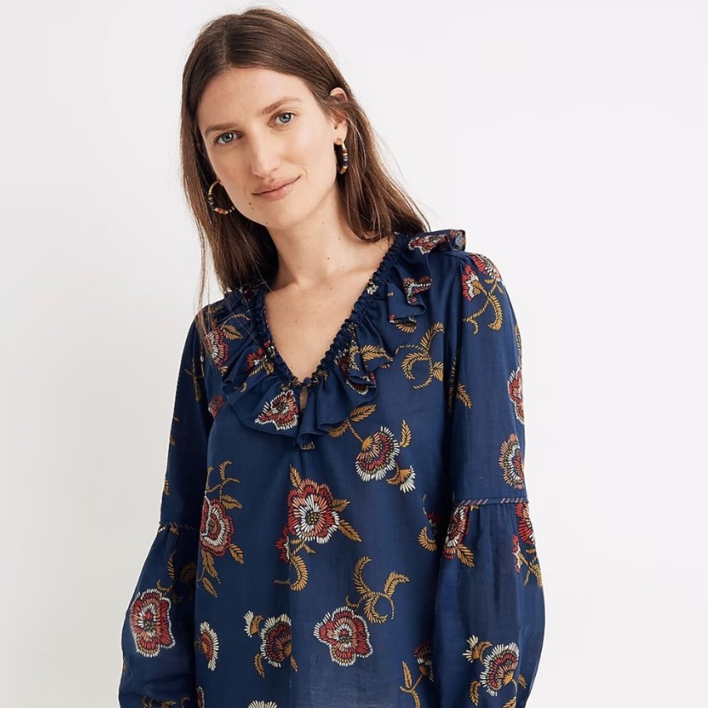 Madewell x Warm Ruffle-Collar Top in Honolulu Hibiscus NWT